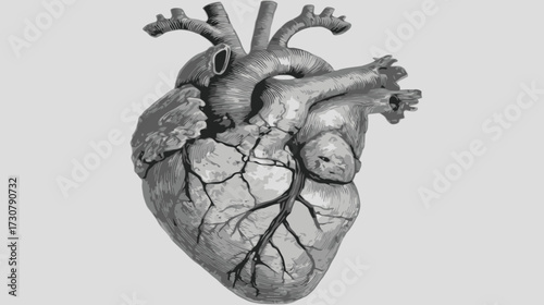 Detailed anatomical human heart illustration with cracks, symbolizing health issues, fragility, or cardiovascular concepts. Grayscale rendering.