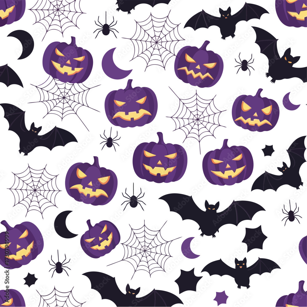 Fototapeta premium Vector art of seamless pattern with purple pumpkins, spiders, and bats