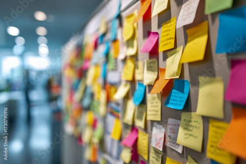 Vibrant collection of colorful sticky notes and handwritten messages covering a bulletin board in a modern, bustling office environment for collaborative ideas and communication