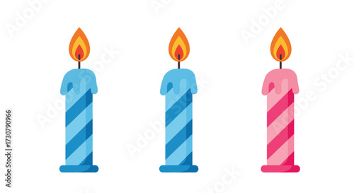 Three brightly colored birthday candles with flames are displayed on white background