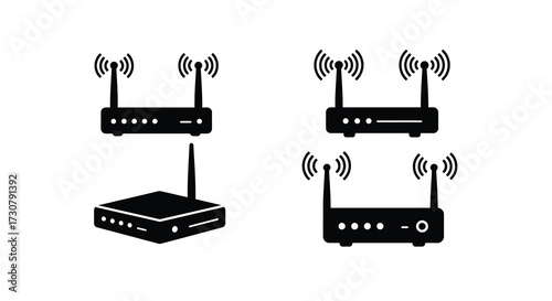 Black wireless router icons with antennas varying in design and shape