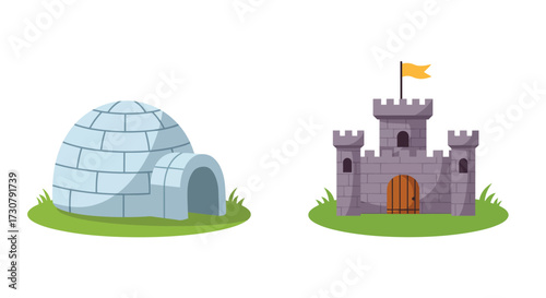 Cartoon igloo and stone castle illustrations on a green grassy base