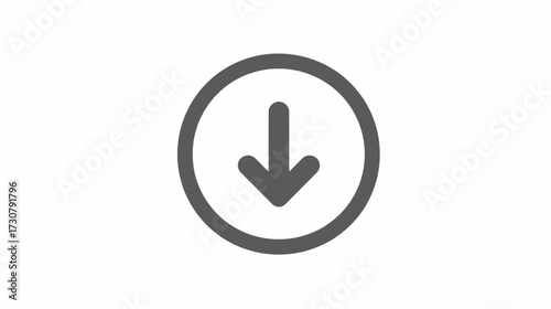Simple dark gray download arrow icon in a circular button, isolated on a clean white background. Digital interface element.