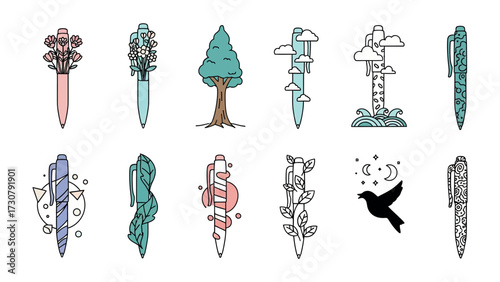 Whimsical Pens: An eye-catching assortment of creatively decorated pens. The array of pens with diverse decorations embodies a vibrant artistic style, offering a glimpse into the imagination.