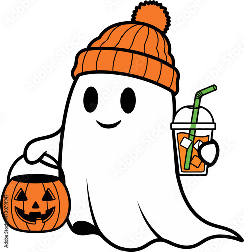 cartoon halloween pumpkin,  halloween cute ghost with ice coffee, halloween cute ghost with ice coffee