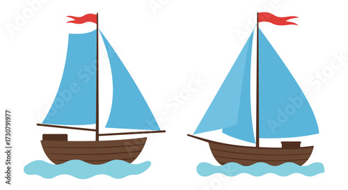 Two cartoon sailboats with blue sails floating on wavy water