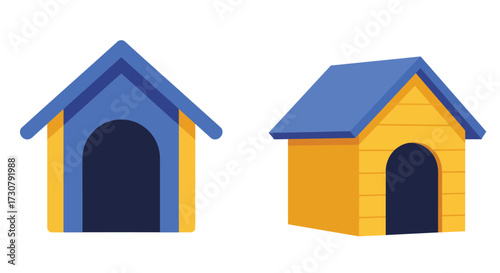 Two colorful dog houses with blue roofs and yellow walls illustrated
