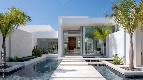 A sleek contemporary white villa with a minimalist design, large glass walls, palm trees, and a peaceful courtyard with a water feature.