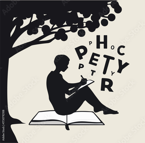 Creative Random Acts of Poetry Day vector art including handwritten poetry, flowing scrolls, hearts, coffee and notebook scenes, poetic quotes, abstract literary elements, flat solid colors