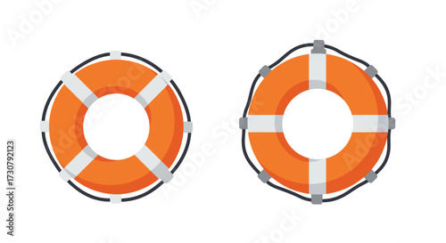 Two orange and white life preservers shown in a flat vector style