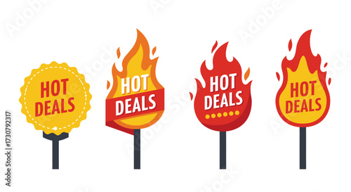 Four hot deals signs with flames offering discounts and promotions