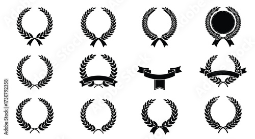 Collection of elegant laurel wreaths and decorative frames in black silhouette