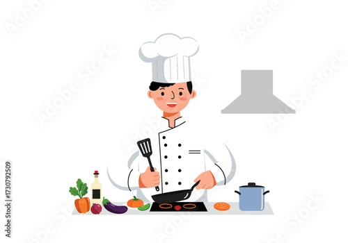 A chef in uniform cooks vegetables in a pan beside a pot and other ingredients under a vent hood