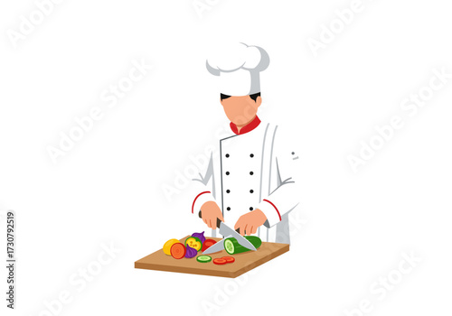 A chef in whites cuts vegetables on a wooden board faceless