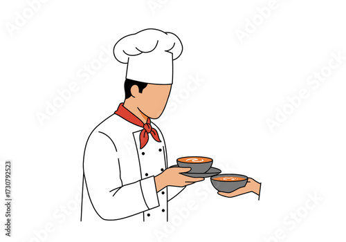 A chef in uniform presents soup to another person holding two bowls of orange soup on saucers
