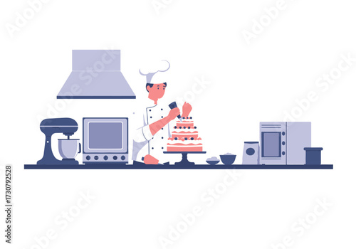 A chef in whites decorating a tiered cake in a kitchen with an oven mixer and other baking equipment