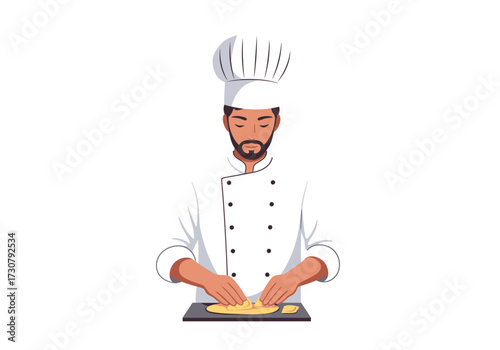 A chef in whites is preparing a dough dish on a black cutting board