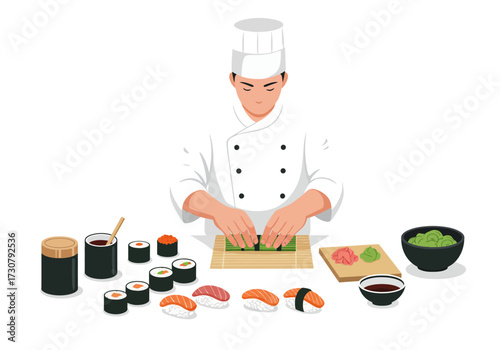 A chef makes sushi with tools rolls and sashimi on a white table