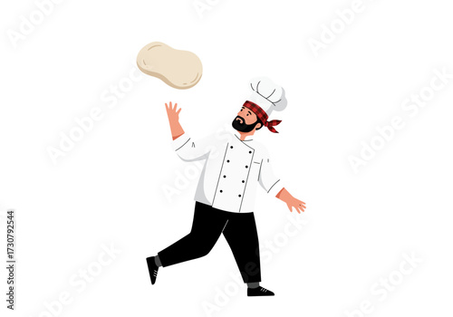 A chef tosses pizza dough he wears a toque white jacket black pants and is smiling