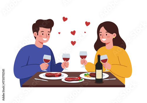 A couple enjoys a romantic steak dinner with wine hearts float above them