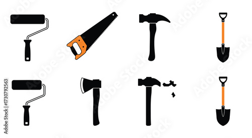 Collection of common black silhouette hand tools for home improvement projects