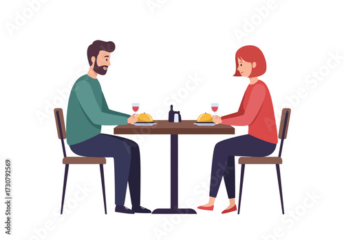 A couple enjoys dinner at a table with wine covered plates and condiments