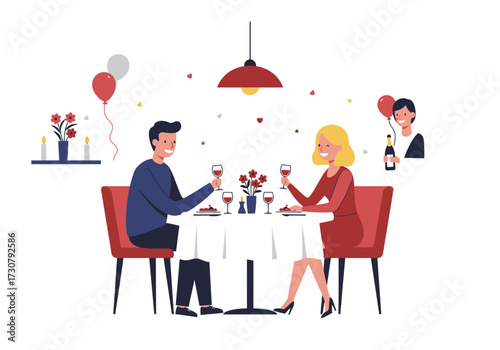 A couple on a dinner date with balloons flowers a waiter and hearts