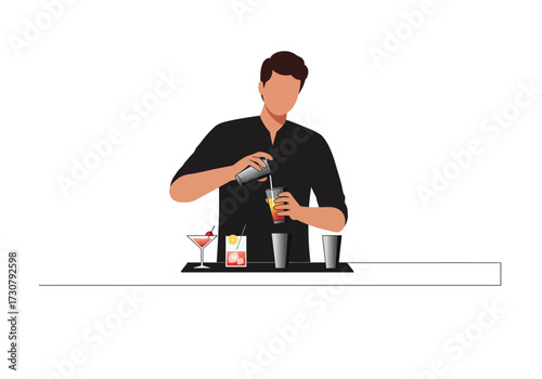 A faceless bartender pours liquid from a shaker into a glass amidst cocktails on a bar top