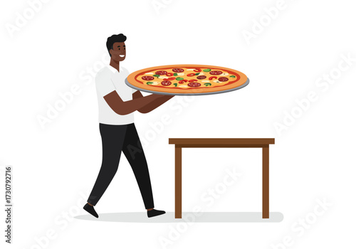 A man carries a pizza to a table
