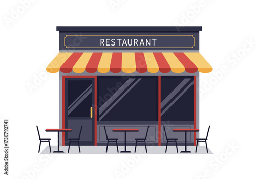 A restaurant with tables outside has a striped awning and a sign saying RESTAURANT above the door