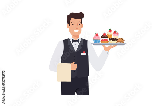 A smiling waiter holds a tray of cupcakes