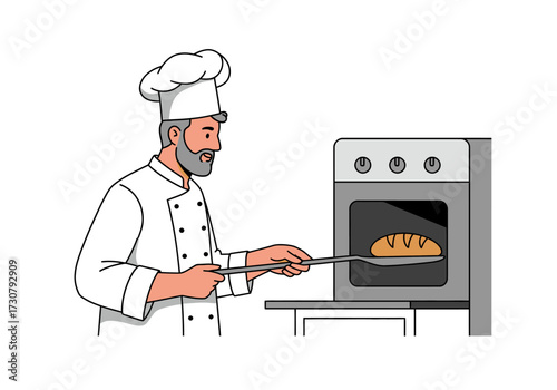 Baker in chefs whites and hat removes bread from oven with a paddle