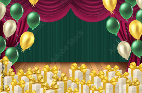 festive stage scene with a dark green velvet main curtain in the center, framed by rich maroon outer curtains tied back. The stage floor is light wooden planks