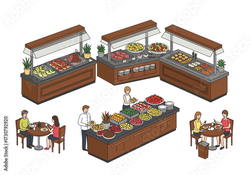Buffet scene people at tables and food bars with dishes