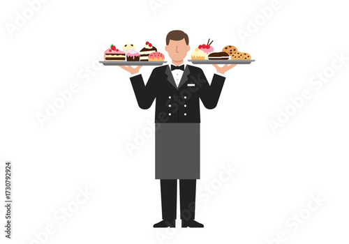 Butler holding dessert trays cakes cookies formal attire