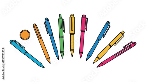 A Colorful Collection of Pens: A spectrum of vibrant pens neatly arranged in a semi-circle, showcasing a range of hues in this contemporary flat lay study of stationery.