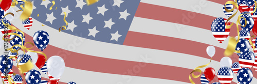 Vibrant patriotic banner featuring a softly draped American flag backdrop. The frame is decorated with a lively border of red, white, and blue balloons, including Stars and Stripes