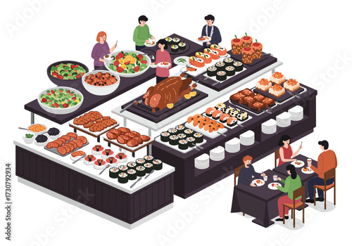 Buffet with people serving themselves and diners at tables varied foods
