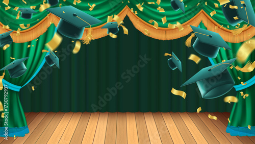graduation scene featuring a stage with deep emerald green velvet curtains and a polished wooden floor. The curtains are pulled back, framed by gold fringe trim. Dark teal graduation caps
