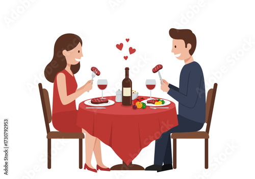 Cartoon couple dining enjoying steaks at a table with wine creating a romantic ambiance