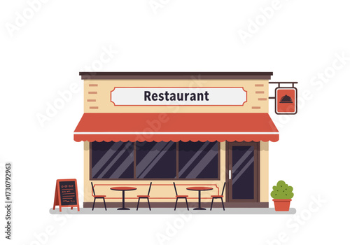Cartoon restaurant with red awning tables menu and potted plant against a white background