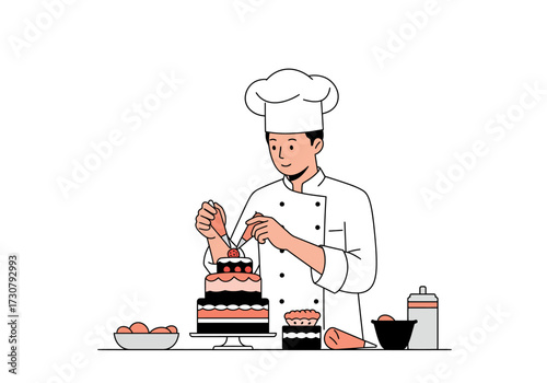 Chef decorates a cake with cream bowls of oranges pastries and containers are nearby