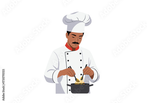 Chef with hat mixes pasta in a pot with two forks