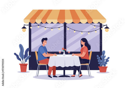 Couple at an outdoor café with an orange striped awning string lights and potted plants