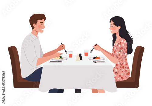 Couple dine at a whiteclothed table side profile view