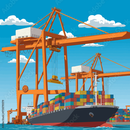 Cargo ship being loaded with colorful containers by orange cranes under blue sky with cloud, concept for international logistics, global import-export and maritime transportation