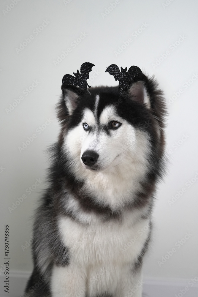 Fototapeta premium A dog, wooly coated blue eyes Siberian Husky dressed in a witch costume with bat headband for Halloween is sitting, and holds a pumpkin-shaped bucket in his teeth, asking for treats and got a peanut.