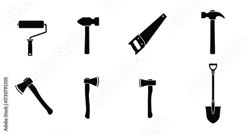 Collection of various hand tools presented in a simple black and white style