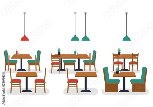 Illustration of a restaurants interior showing tables chairs and lighting fixtures in a simplistic colorful style