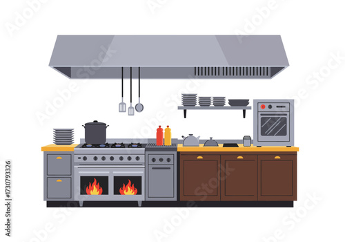 Kitchen scene with gray stove oven utensils and brown cabinets under a large ventilation hood